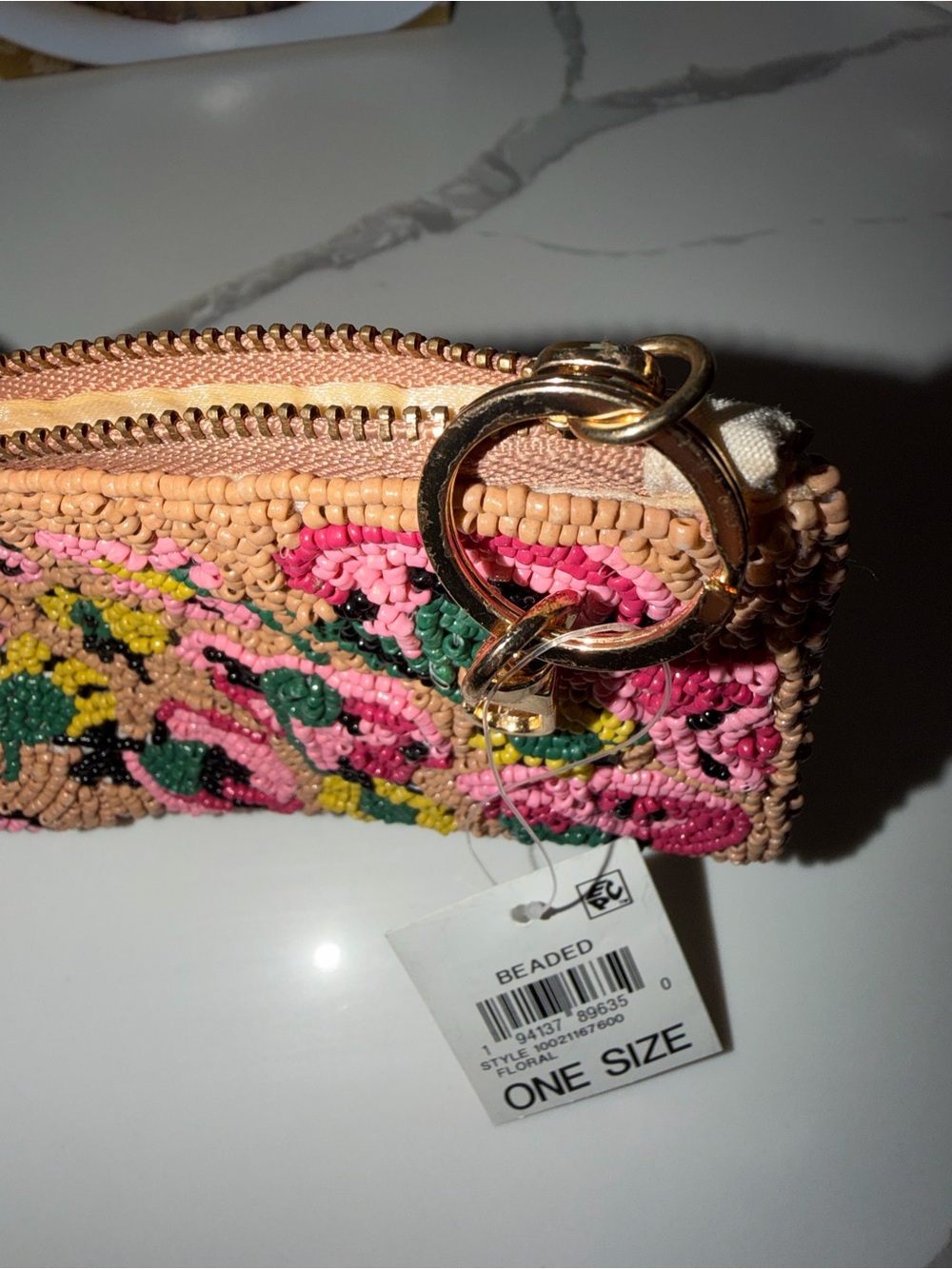 NWT On 34th Hand Beaded Floral Zip Pouch with Keychain - Picture 2 of 6